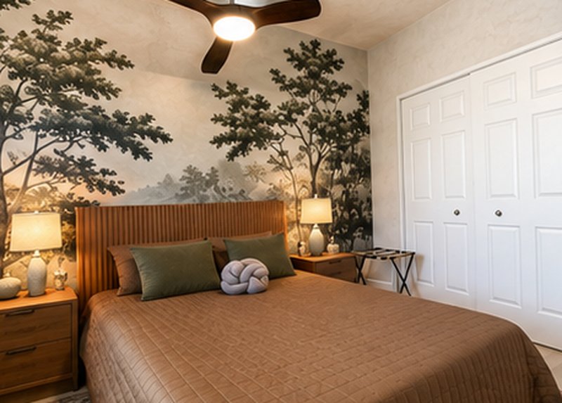 Bedroom with warm plaster finish and mural feature wall after